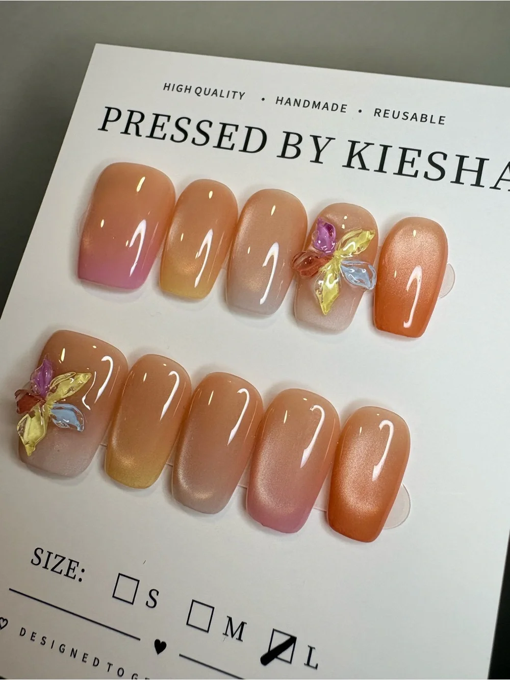 Nude Peach Ombre Press-On Nails with Floral Gems